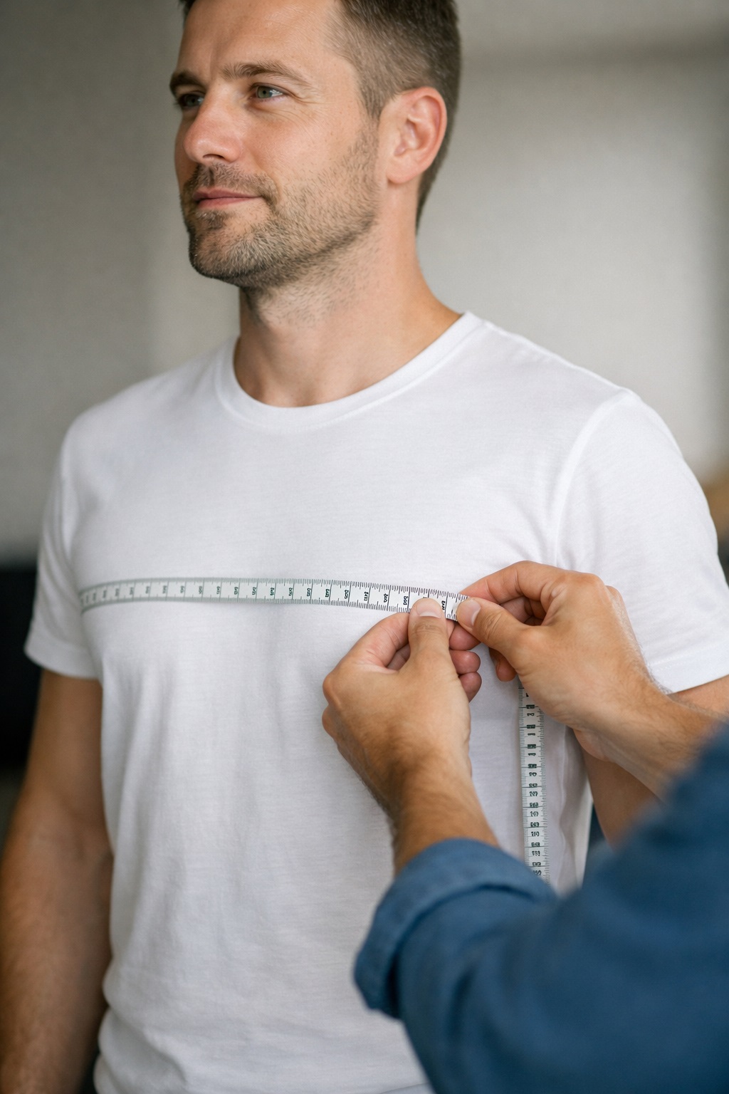 Two men wearing well-fitting blue dress shirts, illustrating the difference a correct chest measurement makes to shirt fit