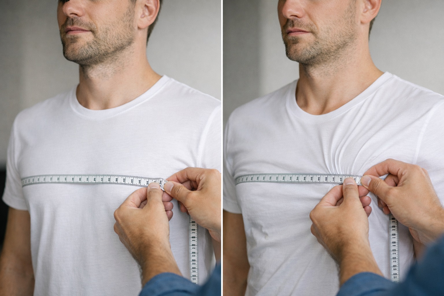 Close-up showing correct tape placement across the fullest point of the chest at nipple height, parallel to the floor