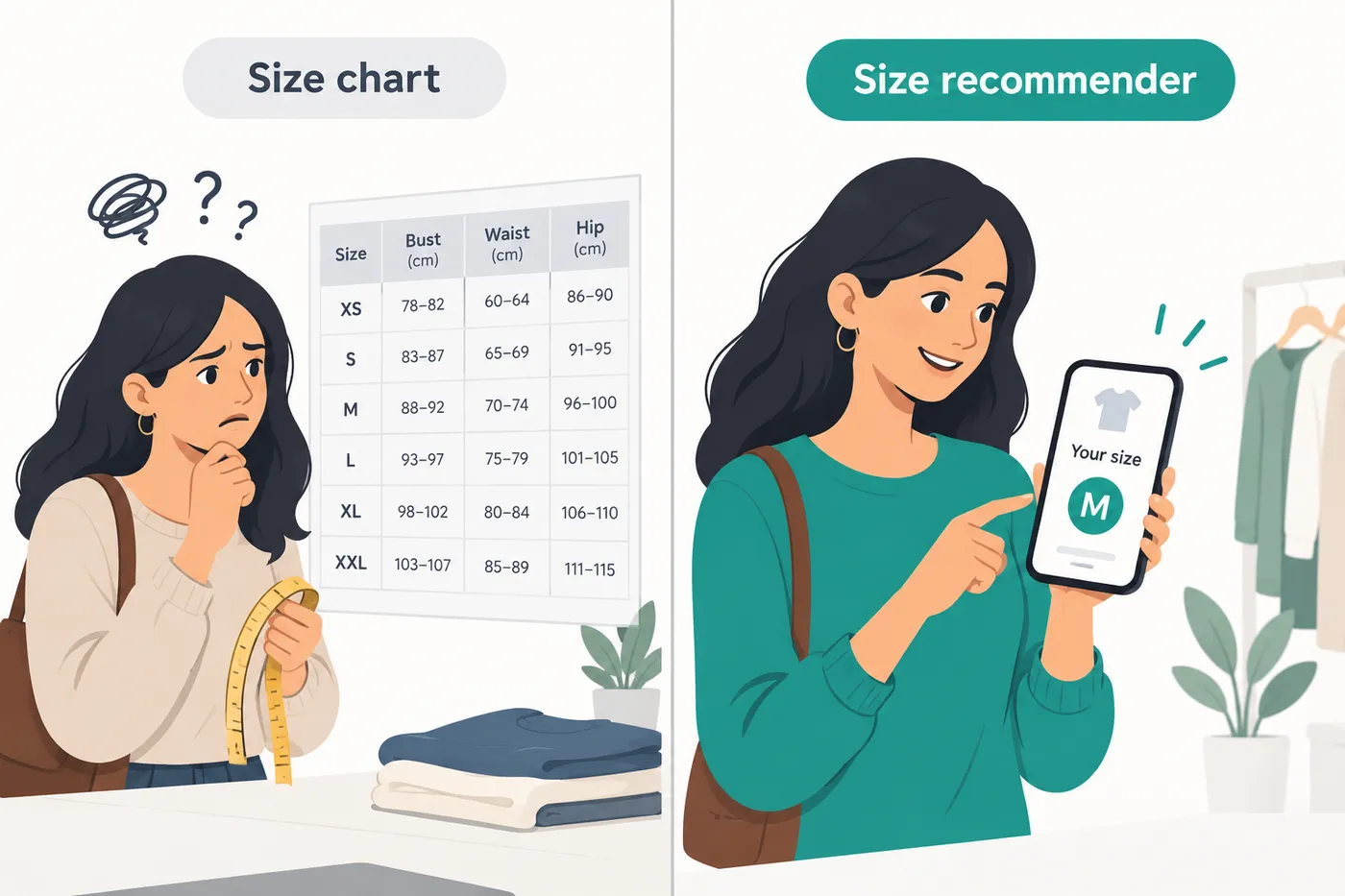 Illustration comparing a confused shopper reading a size chart with a tape measure and a happy shopper seeing one recommended size M on a phone