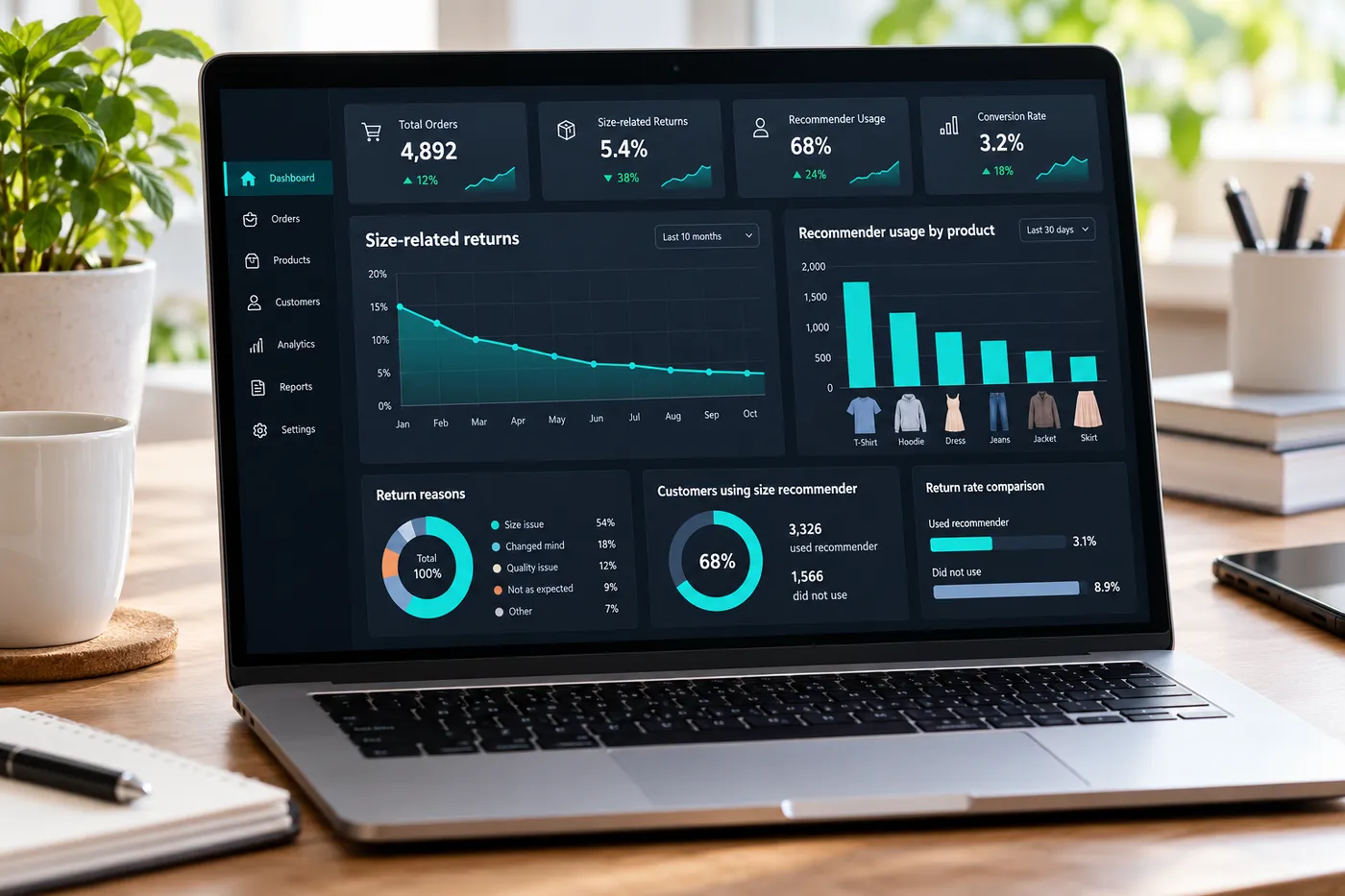 Example analytics dashboard showing size-related returns trending down and recommender usage by product