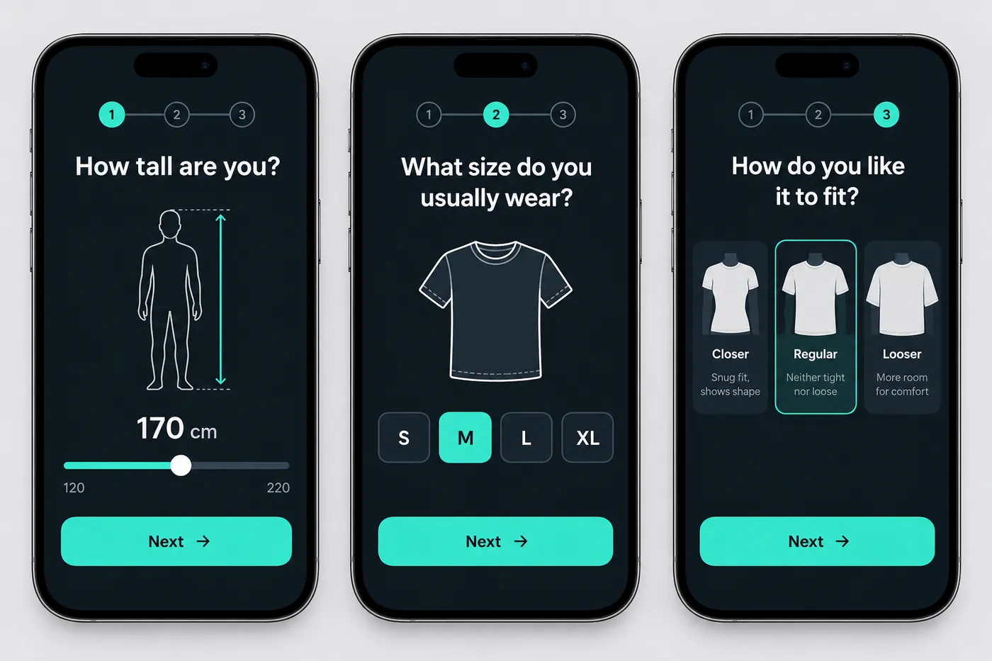 Three phone screens of the Find my size quiz asking height, usual size, and fit preference