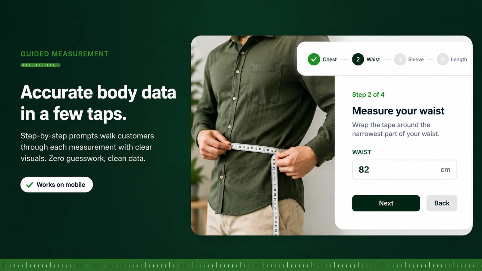 Tailor Size Guide guided measurement flow on a product page, capturing accurate body data in a few simple steps