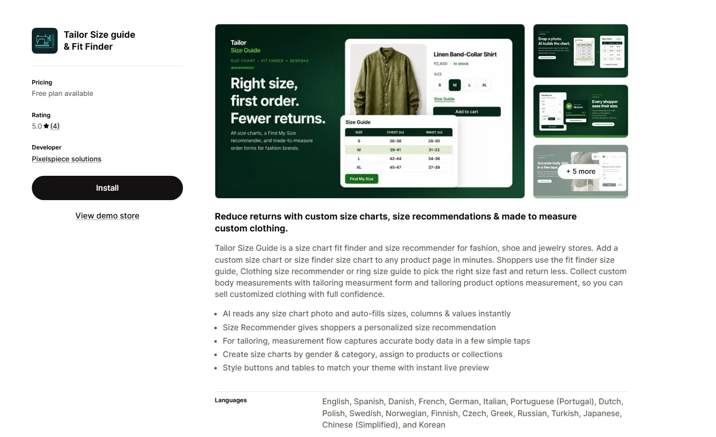 Tailor Size Guide and Fit Finder on the Shopify App Store, showing a free plan, a 5.0 rating and the app's size chart and made-to-measure features